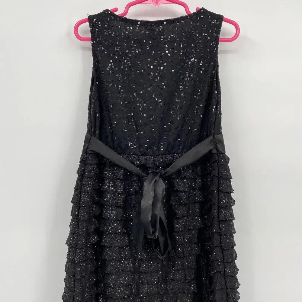 Justice Sleeveless Tank Dress Black Sequin Ruffles Fit & Flare Tie Back size 8